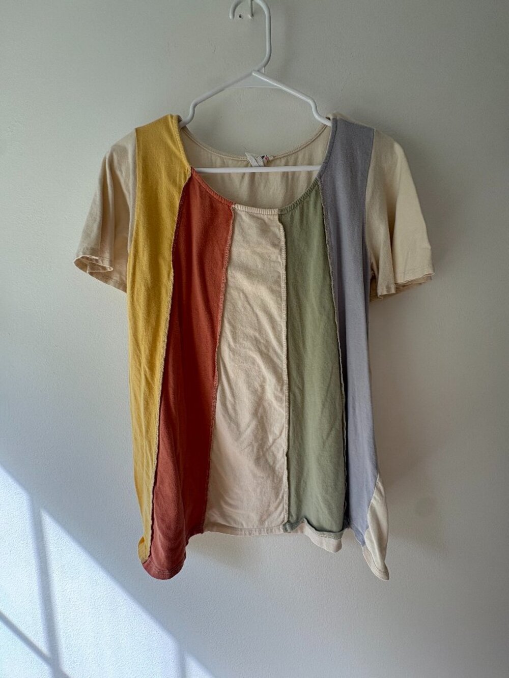 BiBi Earthy Pastel Colorblock Vertical Stripe Patchwork Tee Shirt Size M